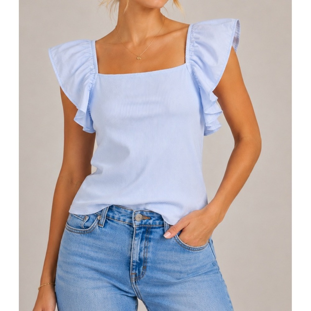 A NEW DAY Ruffle Sleeve Top Women XL Periwinkle Ribbed Square Neck Casual
